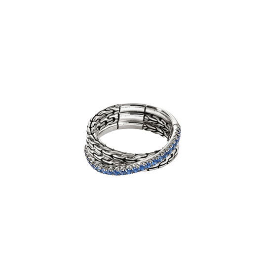 Sterling Silver Crossover Ring with Blue Sapphires
