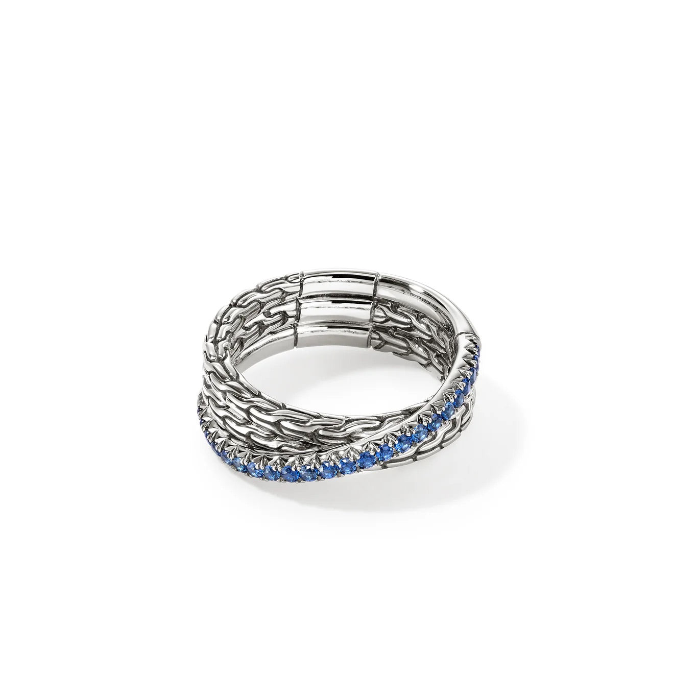 Sterling Silver Crossover Ring with Blue Sapphires