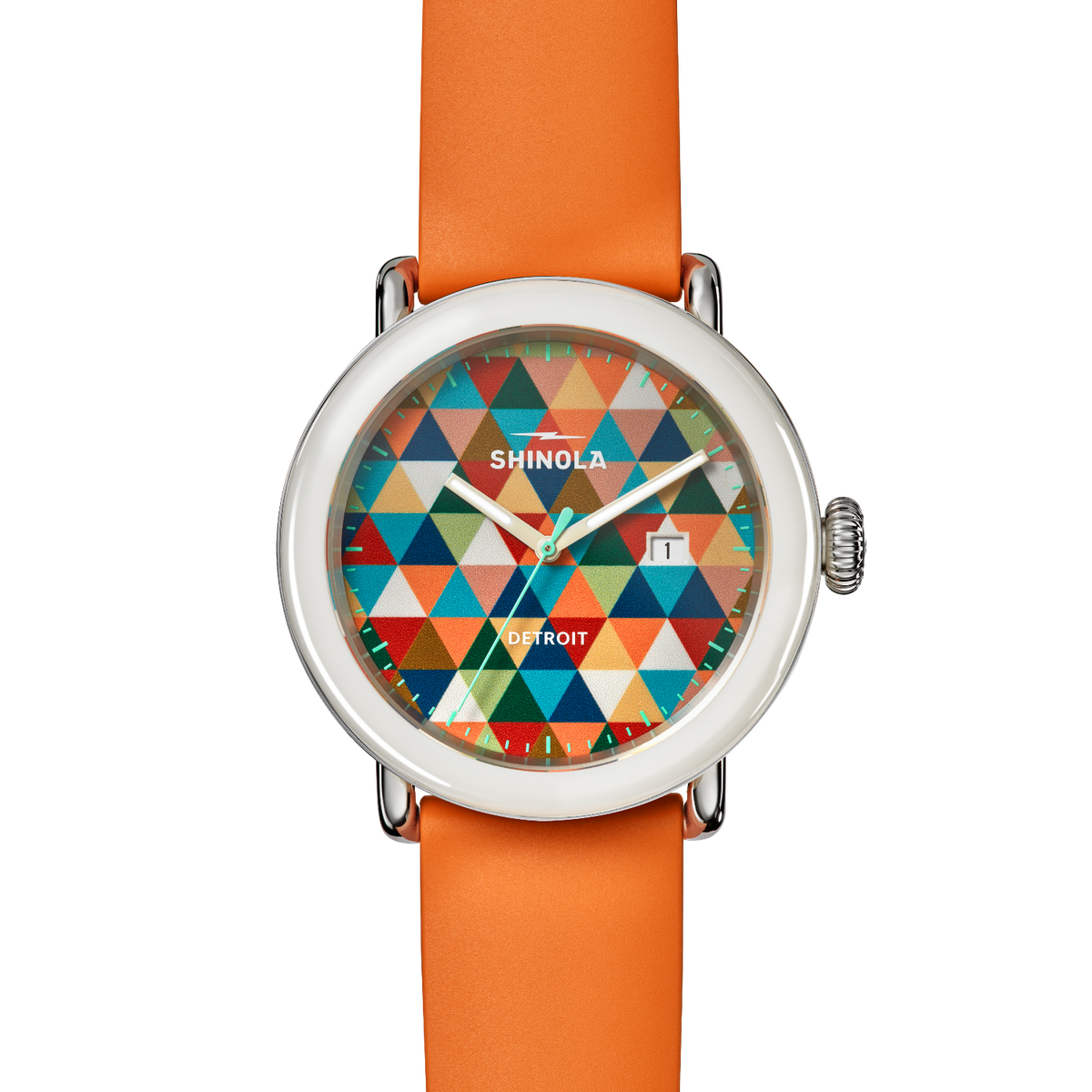 A Shinola Detroit wristwatch featuring a vibrant multicolor geometric triangle pattern dial and a bright orange strap, shown against a plain white background.