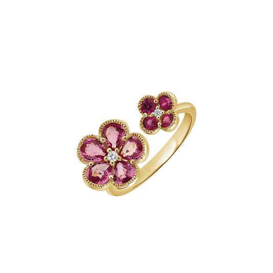 Open Flower Ring with Rubies, Pink Sapphires and Diamonds in 14K Yellow Gold