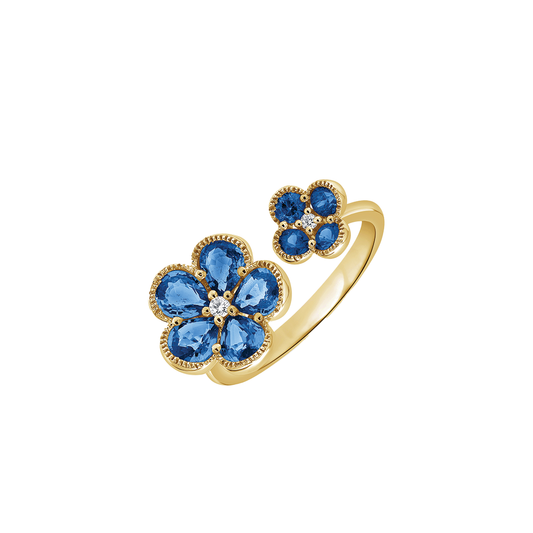 Open Flower Ring wth Blue Sapphire and Diamonds in 14K Yellow Gold