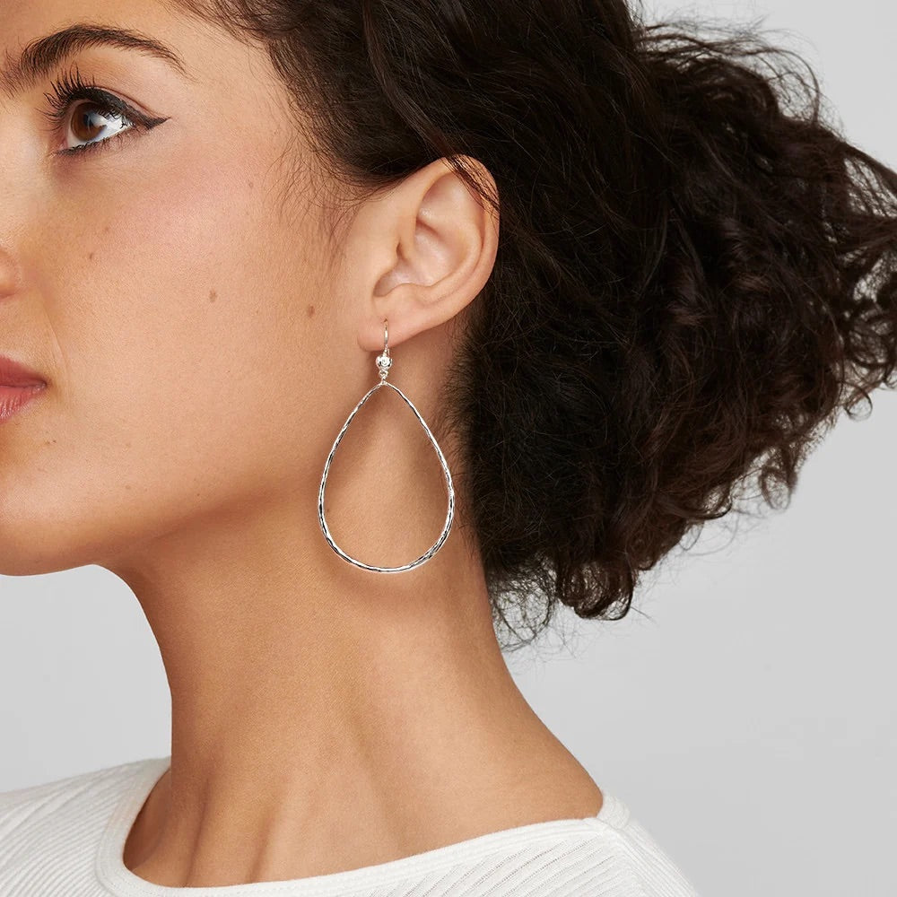 Silver Classico Hammered Teardrop Earrings With Diamonds