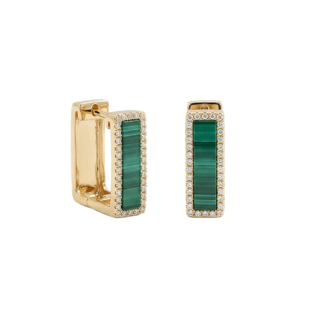 Malachite And Diamond Square Hoop Earrings in Yellow Gold