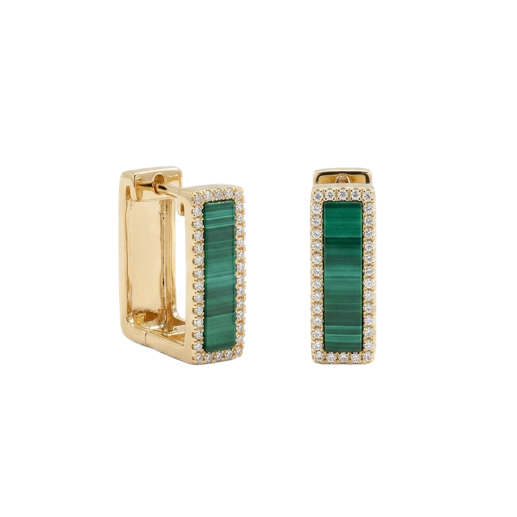 Malachite And Diamond Square Hoop Earrings in Yellow Gold