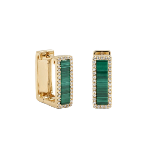 Malachite And Diamond Square Hoop Earrings in Yellow Gold