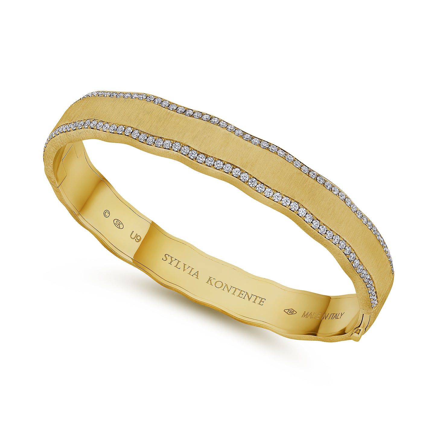 8mm Yellow Gold and Diamond Border Bracelet with Hand Engraved Finish
