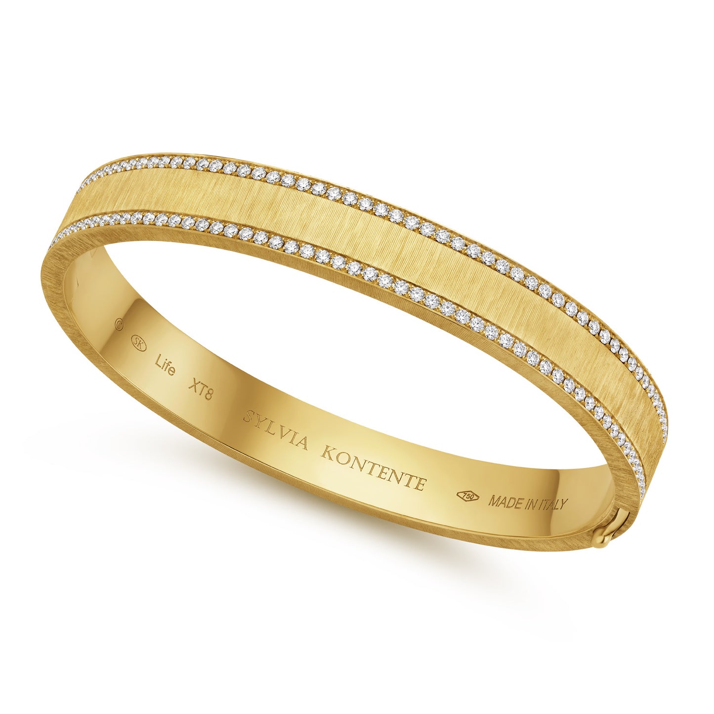 8mm Yellow Gold and Diamond Border Bracelet with Hand Engraved Finish