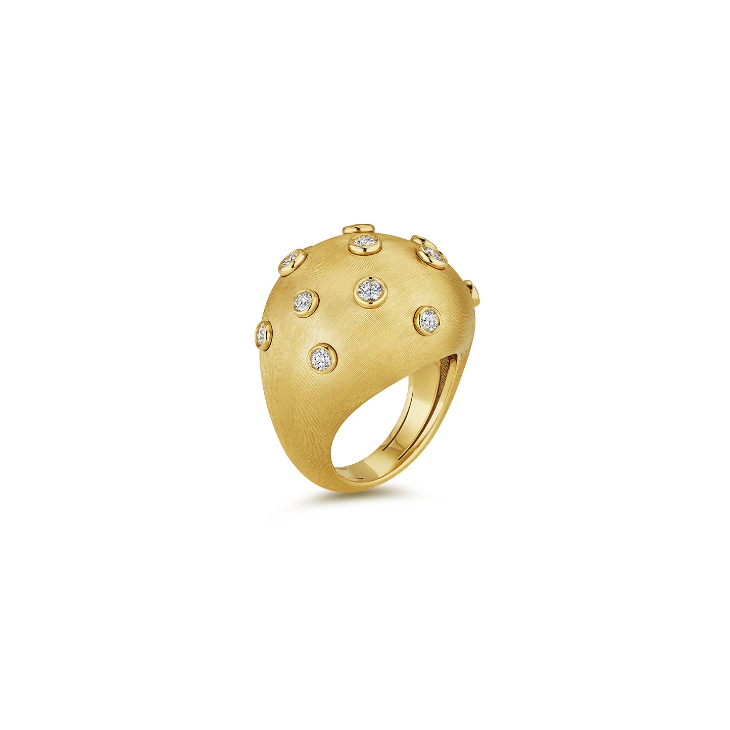 Gold High Dome Ring with Diamonds and Hand Engraved Finish