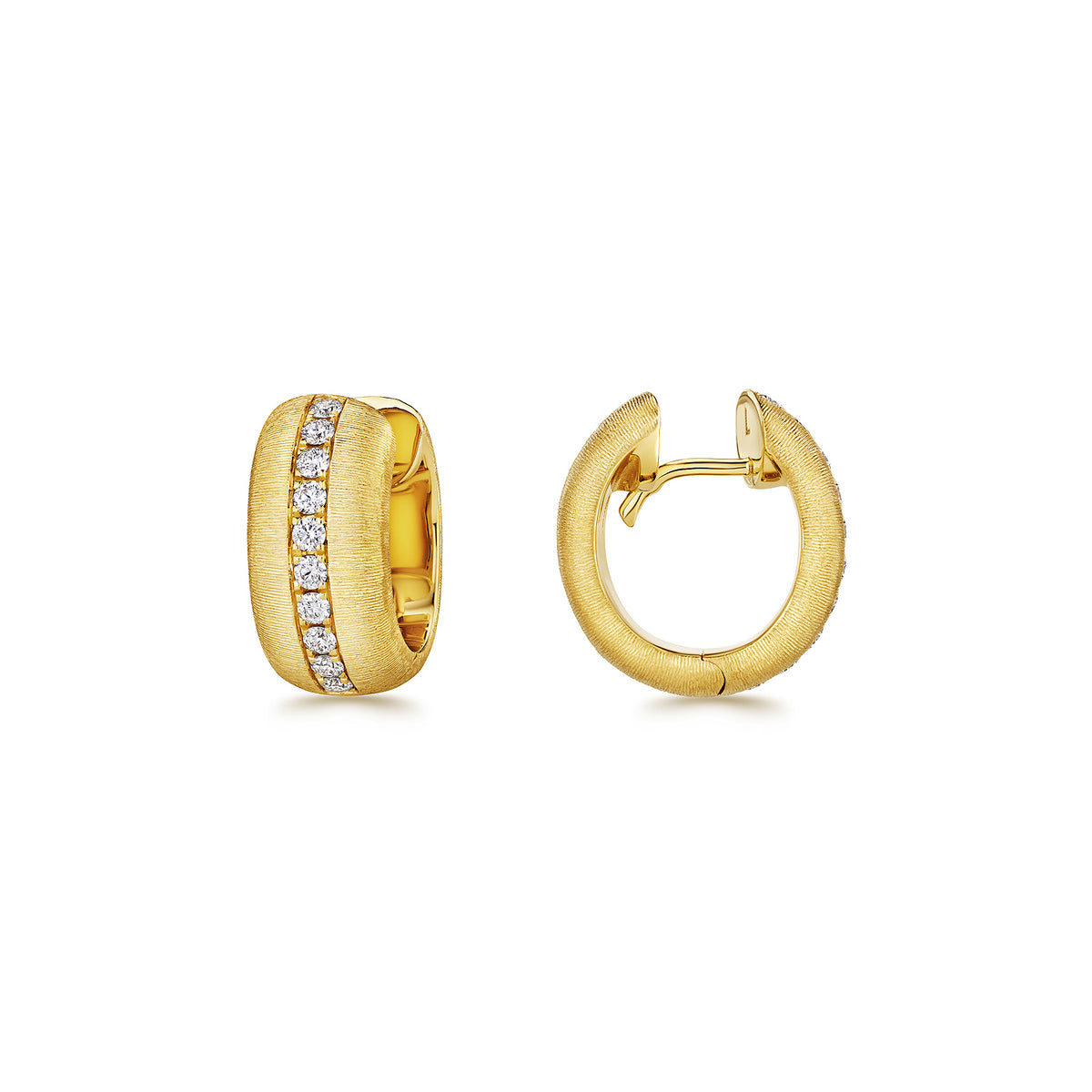 6mm Diamond and Gold Huggie Hoops with Hand Engraved Finish