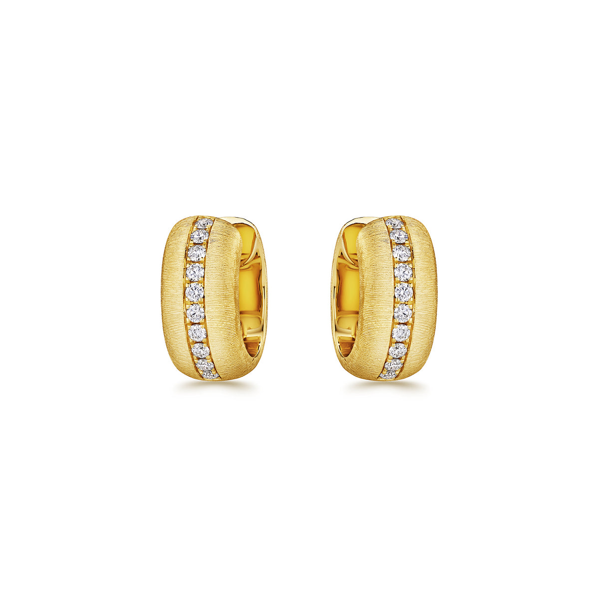 6mm Diamond and Gold Huggie Hoops with Hand Engraved Finish