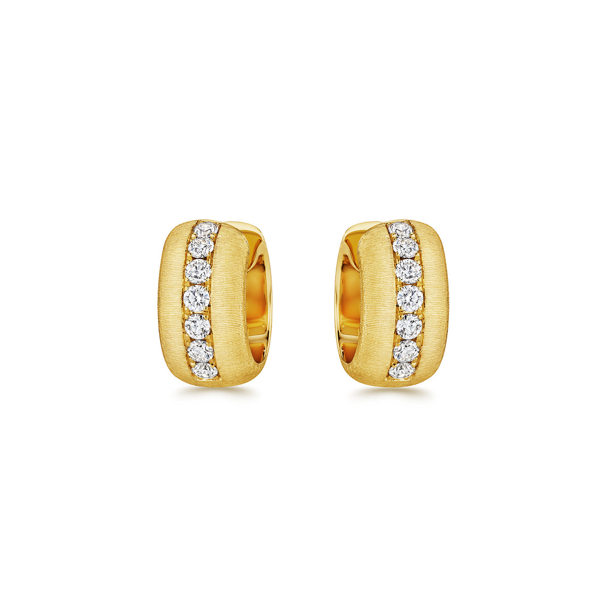 7mm Diamond and Gold Huggie Hoops with Hand Engraved Finish