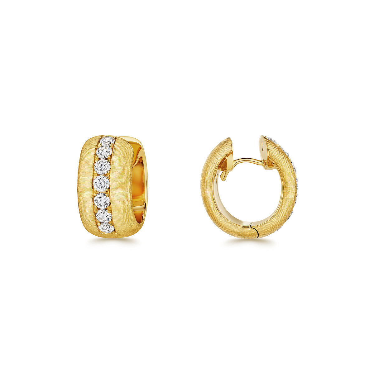 7mm Diamond and Gold Huggie Hoops with Hand Engraved Finish