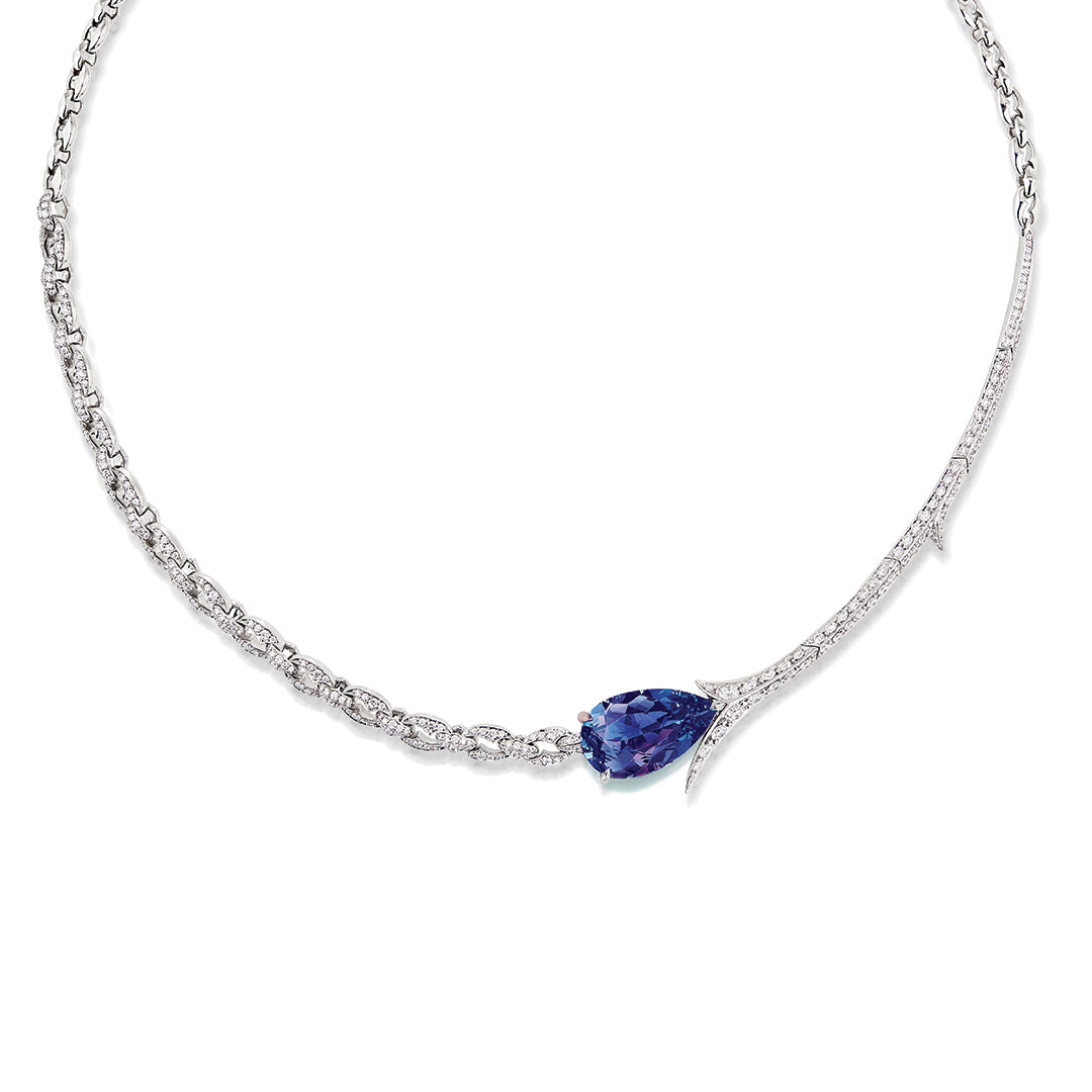 'Thorn Embrace' Pave Diamond and Tanzanite Tear Drop Necklace in 18K White Gold