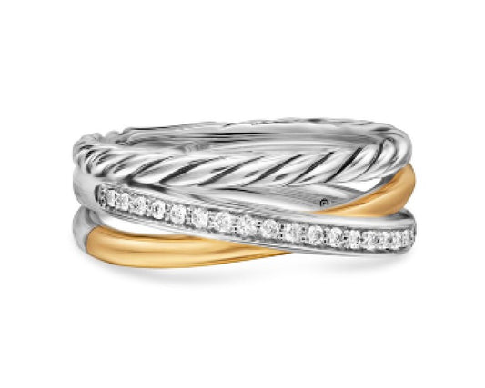 Crossover Three Row Ring in Sterling Silver with 18K Yellow Gold and Diamonds, 7mm