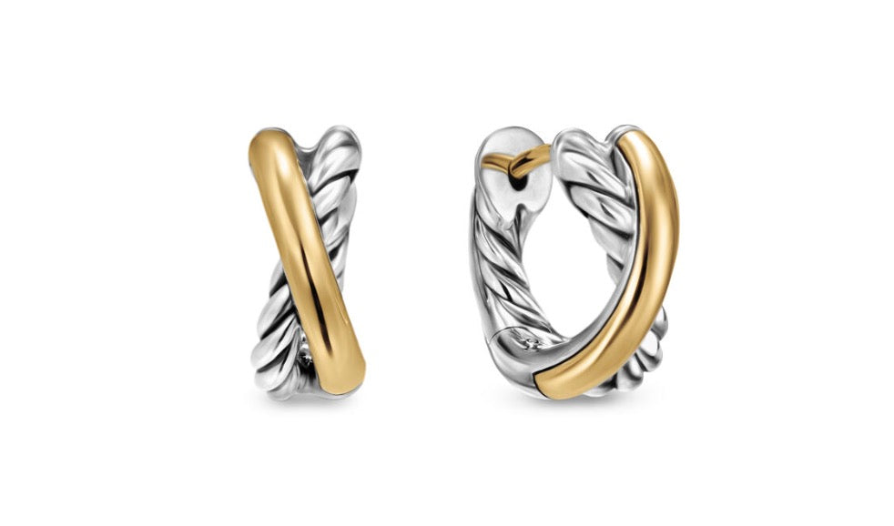 Crossover Huggie Hoop Earrings in Sterling Silver with 18K Yellow Gold, 12.4mm