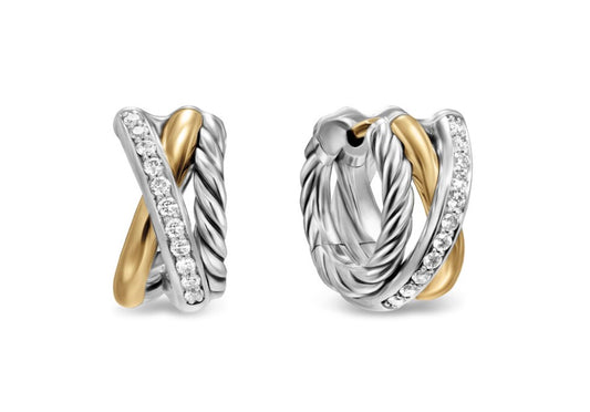 Crossover Three Row Huggie Hoop Earrings in Sterling Silver with 18K Yellow Gold, 13mm