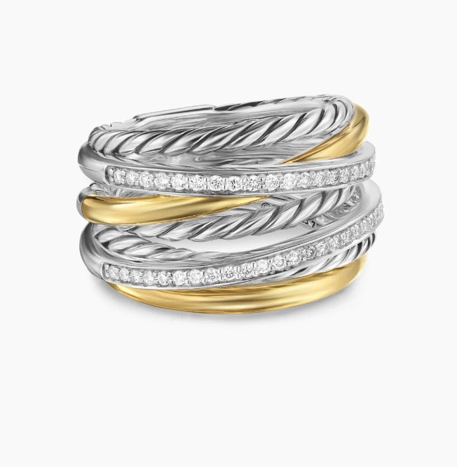 Crossover Seven Row Ring in Sterling Silver with 18K Yellow Gold amd Diamonds, 16mm