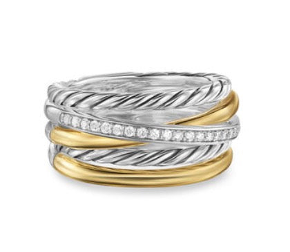 Crossover Five Row Ring in Sterling Silver with 18K Yellow Gold and Diamonds, 11mm
