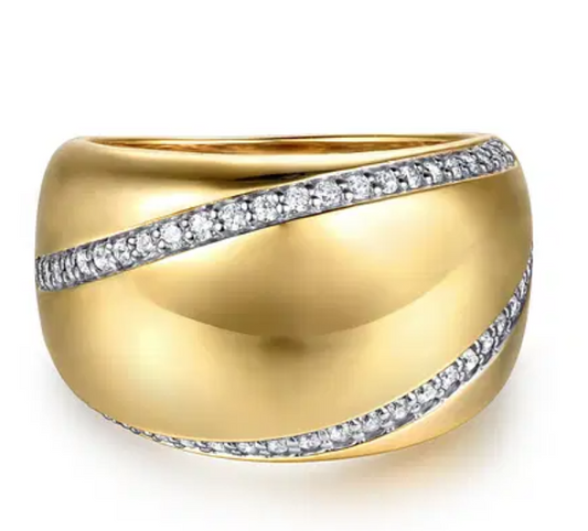 Gold Wide Band Ring with Diamond Lines