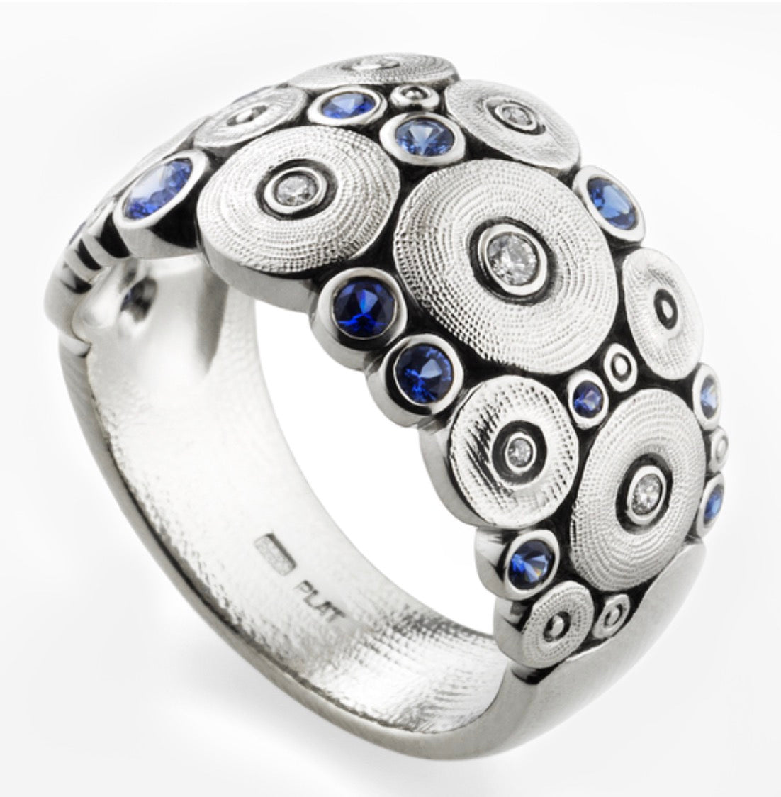 ALEX SEPKUS PLATINUM OCEAN RING WITH 13 MIXED BLUE SAPPHIRES...