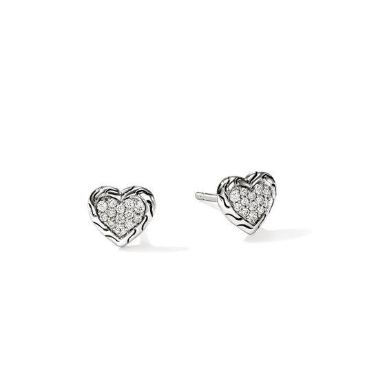 JOHN HARDY SS ESSENTIALS 7MM HEART DIAMOND PAVE STUD EARRING...