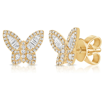 Baguette and Round Brilliant Cut Diamond Butterfly Stud Earrings