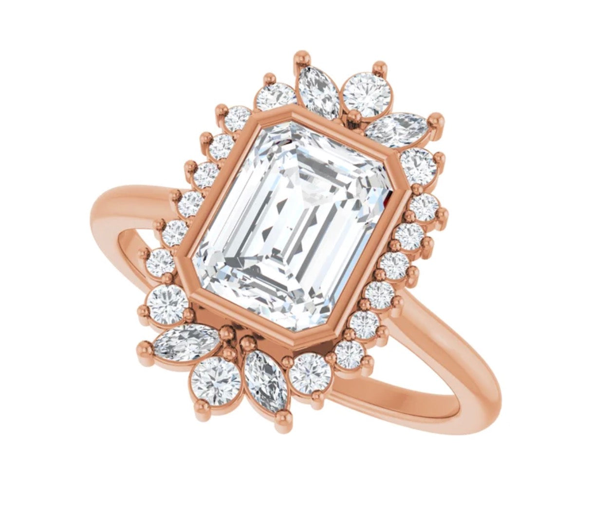 Emerald Cut Diamond Ring Setting with Halo of Mixed Diamonds