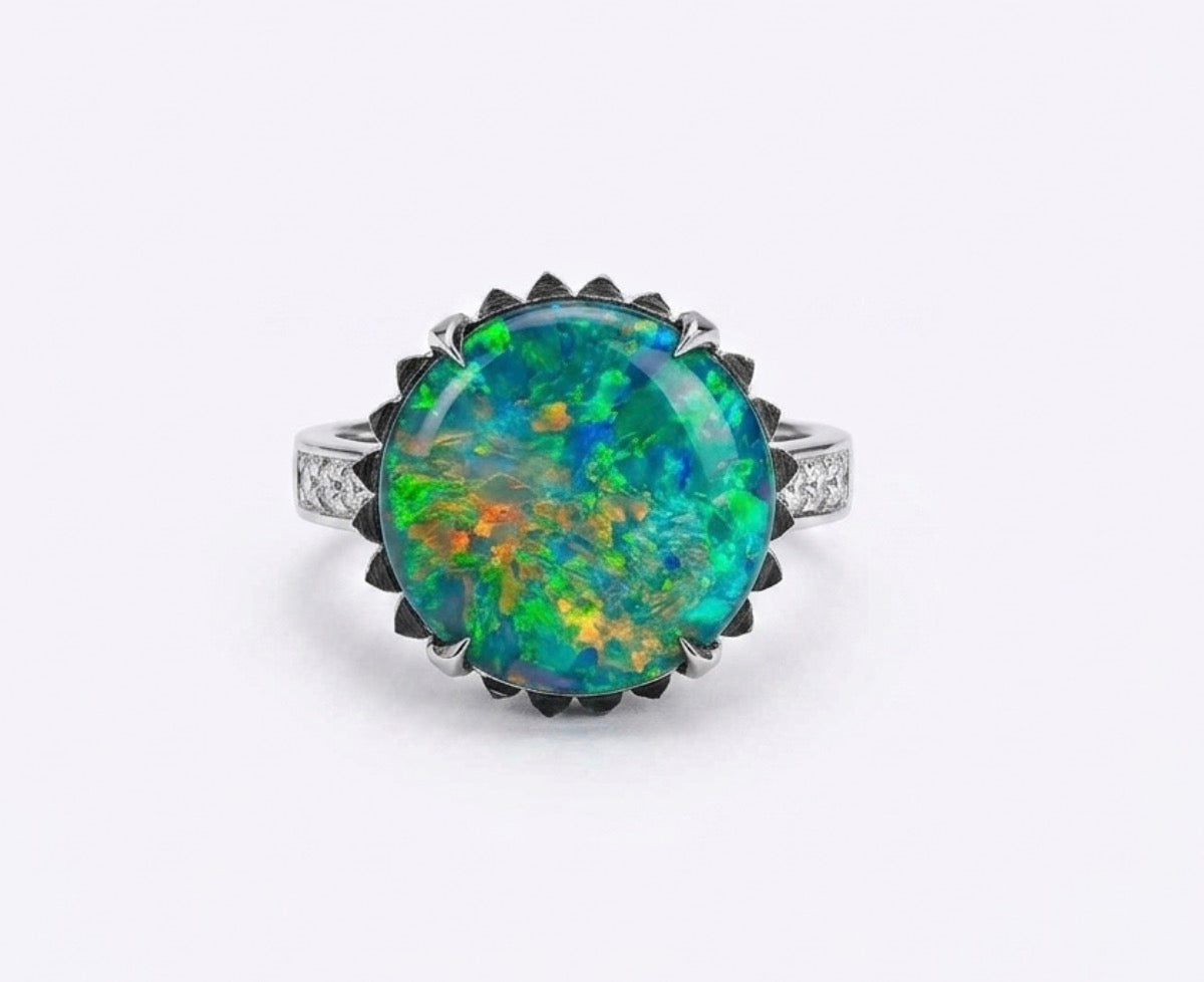 Opal Ring with Emeralds and Diamonds