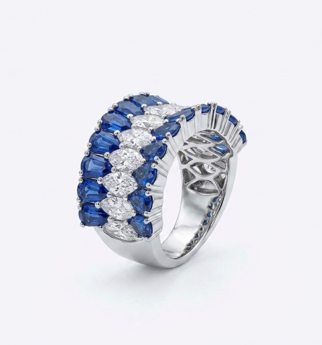 Concave Ring with Blue Sapphires and Diamonds