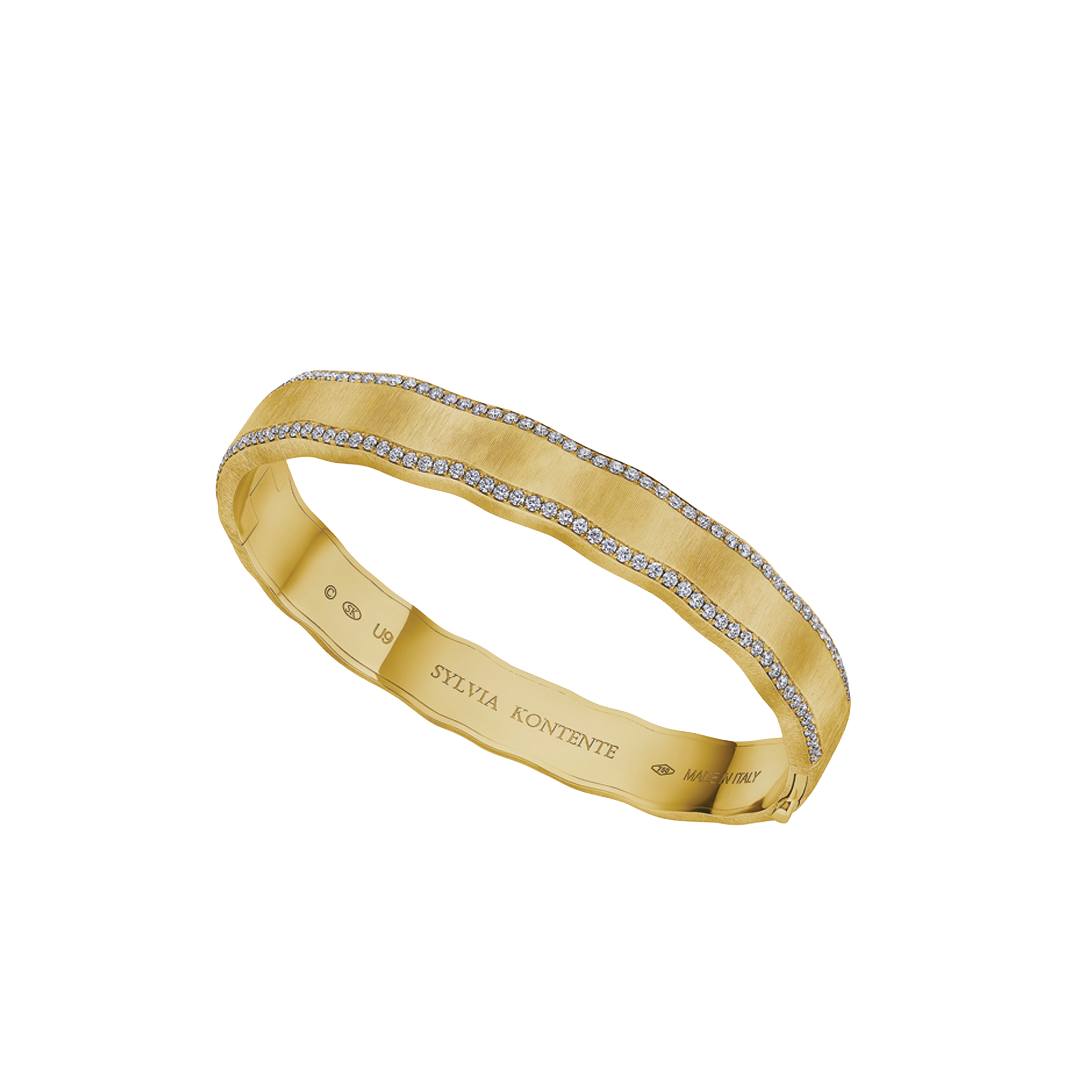 8mm Yellow Gold and Diamond Border Bracelet with Hand Engraved Finish