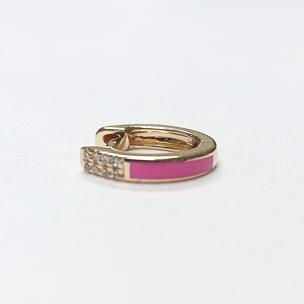Single Pink Enamel and Diamond Huggie Hoop Earring