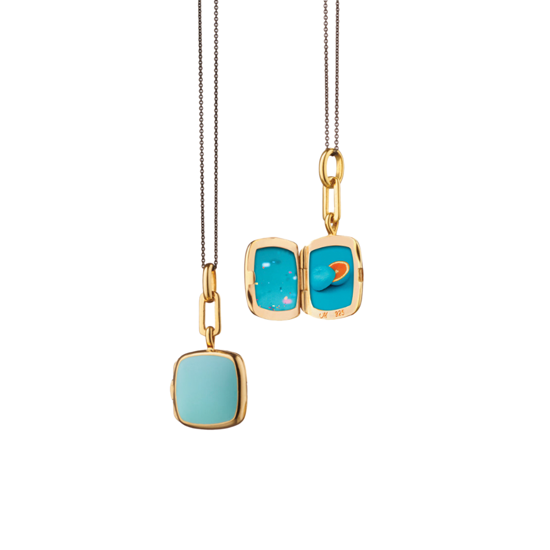 Gold Vermeil Sterling Silver Turquoise Enamel Locket on Black Steel Chain