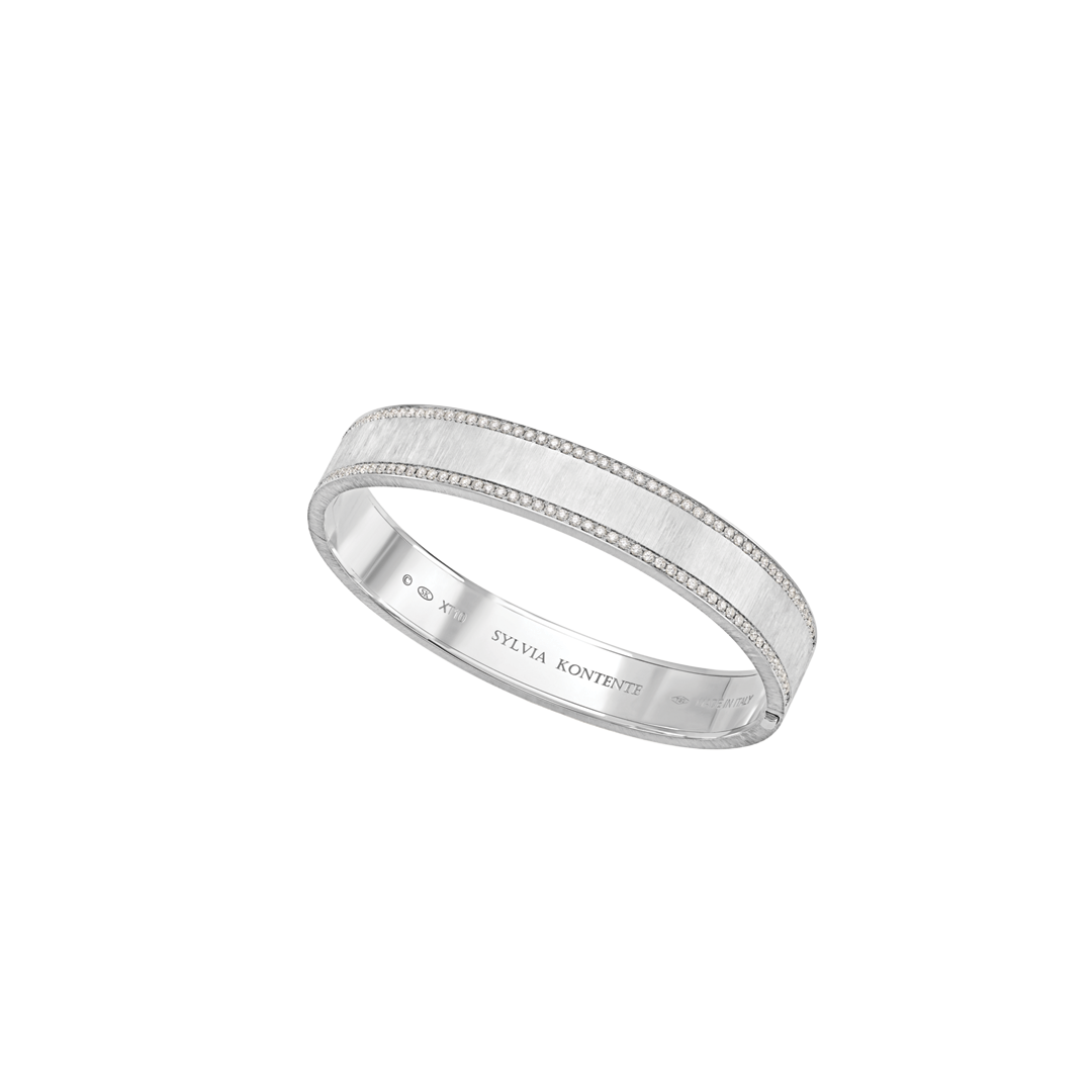 10mm White Gold and Diamond Border Bracelet with Hand Engraved Finish