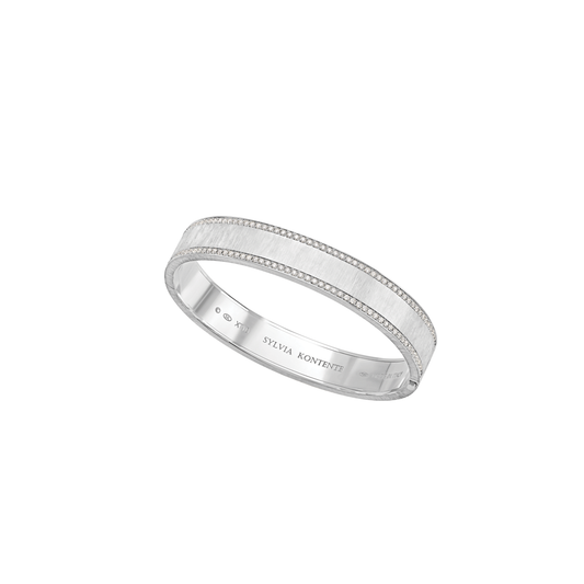 10mm White Gold and Diamond Border Bracelet with Hand Engraved Finish