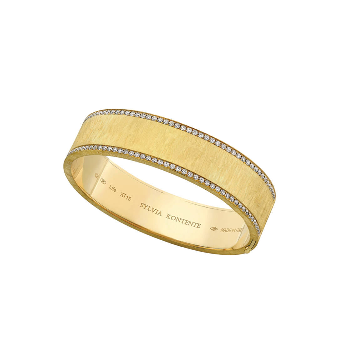 15mm Yellow Gold and Diamond Border Bracelet with Hand Engraved Finish