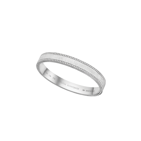 8mm White Gold and Diamond Border Bracelet with Hand Engraved Finish