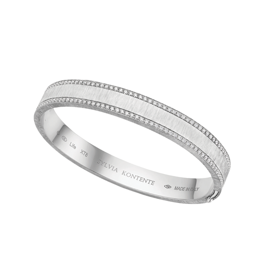 8mm White Gold and Diamond Border Bracelet with Hand Engraved Finish