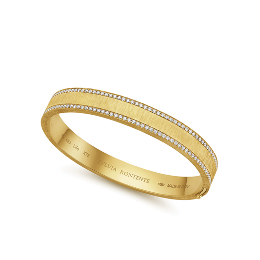 8mm Yellow Gold and Diamond Border Bracelet with Hand Engraved Finish