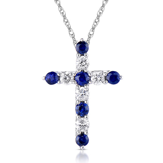Diamond Cross Necklace with Blue Sapphires