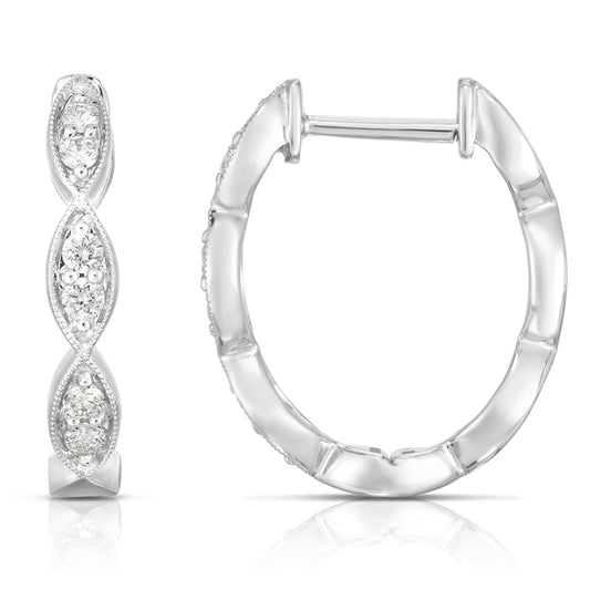 Oval Milgrain Diamond Hoop Earrings in White Gold