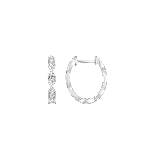Oval Milgrain Diamond Hoop Earrings in White Gold