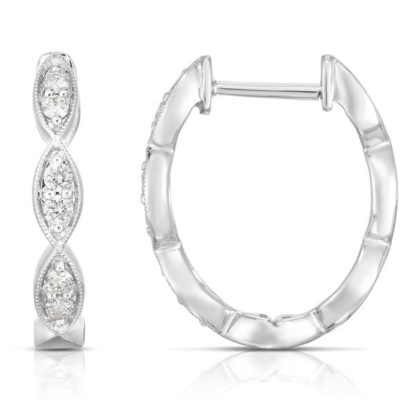 Oval Milgrain Diamond Hoop Earrings in White Gold