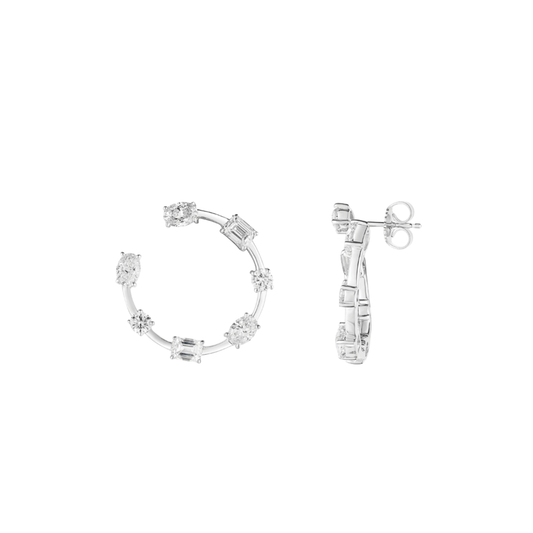 Oval and Round Diamond Circle Earrings in White Gold