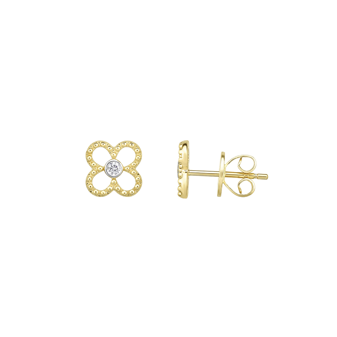 Clover Beaded Outline Stud Earrings with Diamonds