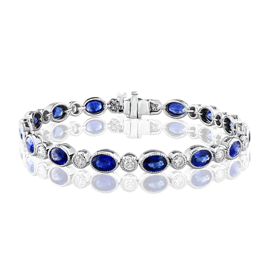 Milgrain Alternating Sapphire and Diamond Line Bracelet in White Gold