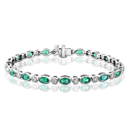 Milgrain Alternating Emerald and Diamond Line Bracelet in White Gold