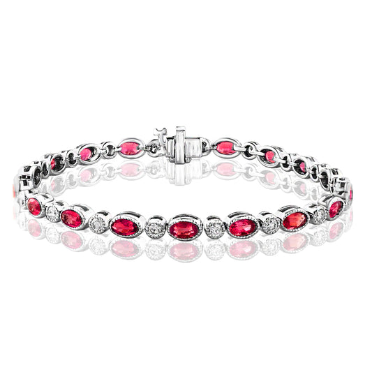 Milgrain Alternating Ruby and Diamond Line Bracelet in White Gold