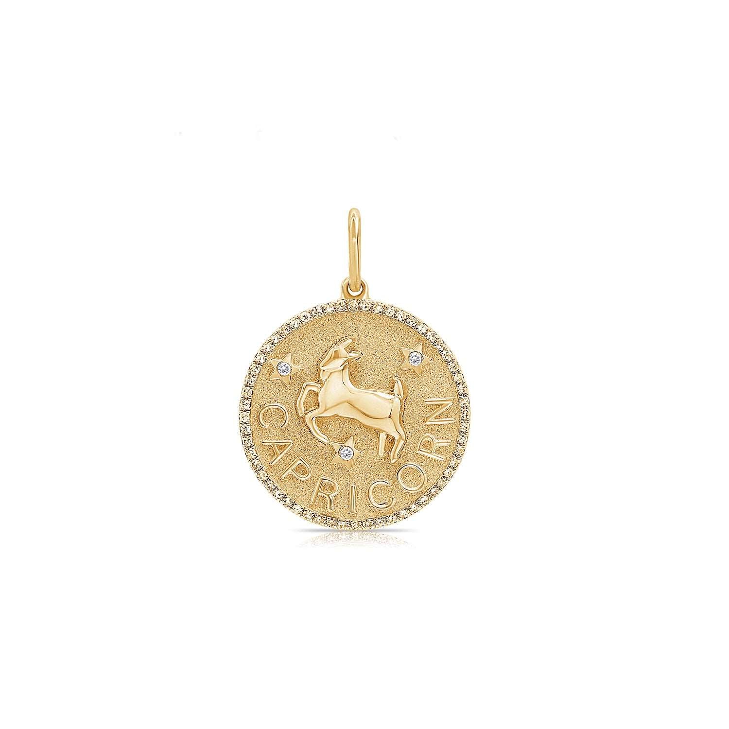 Capricorn Zodiac Disc Charm with Pave Frame in Yellow Gold