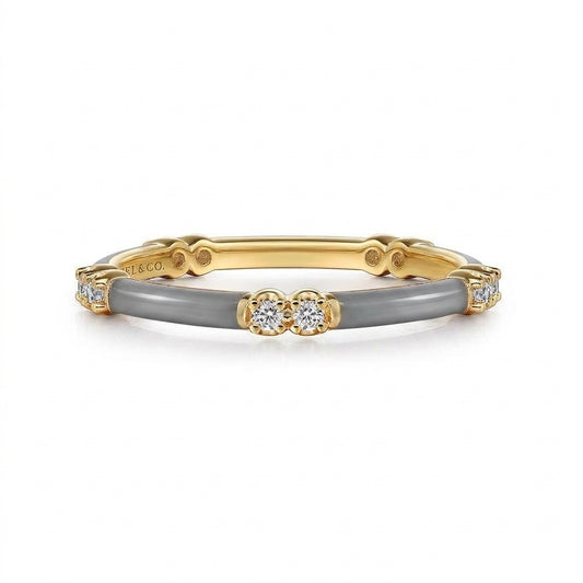 Grey Enamel and Yellow Gold Stacking Ring with Diamonds
