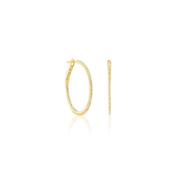 Small Micropave Thin In/Out Diamond Hoops in Yellow Gold